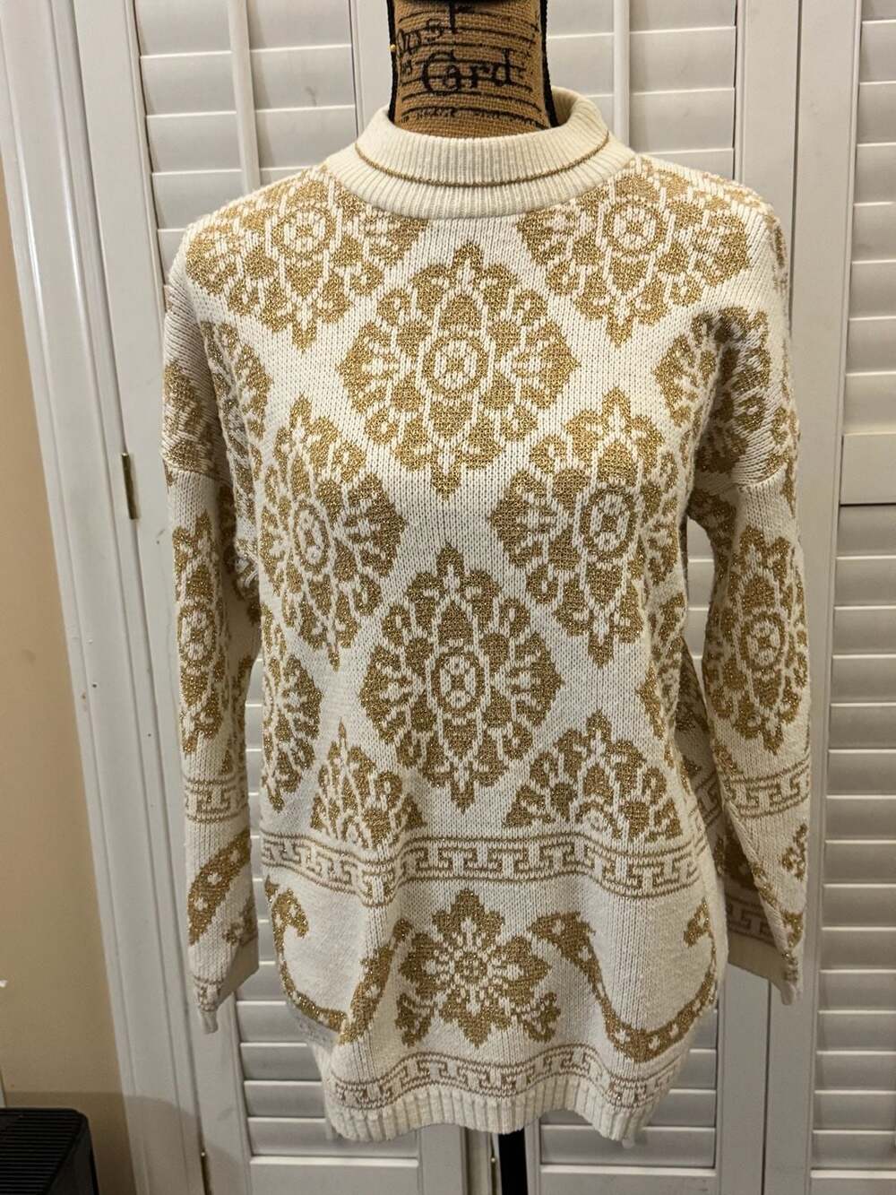 Vintage 80s Dana Scott Gold Metallic Lurex Cream Geometric Tunic Sweater
